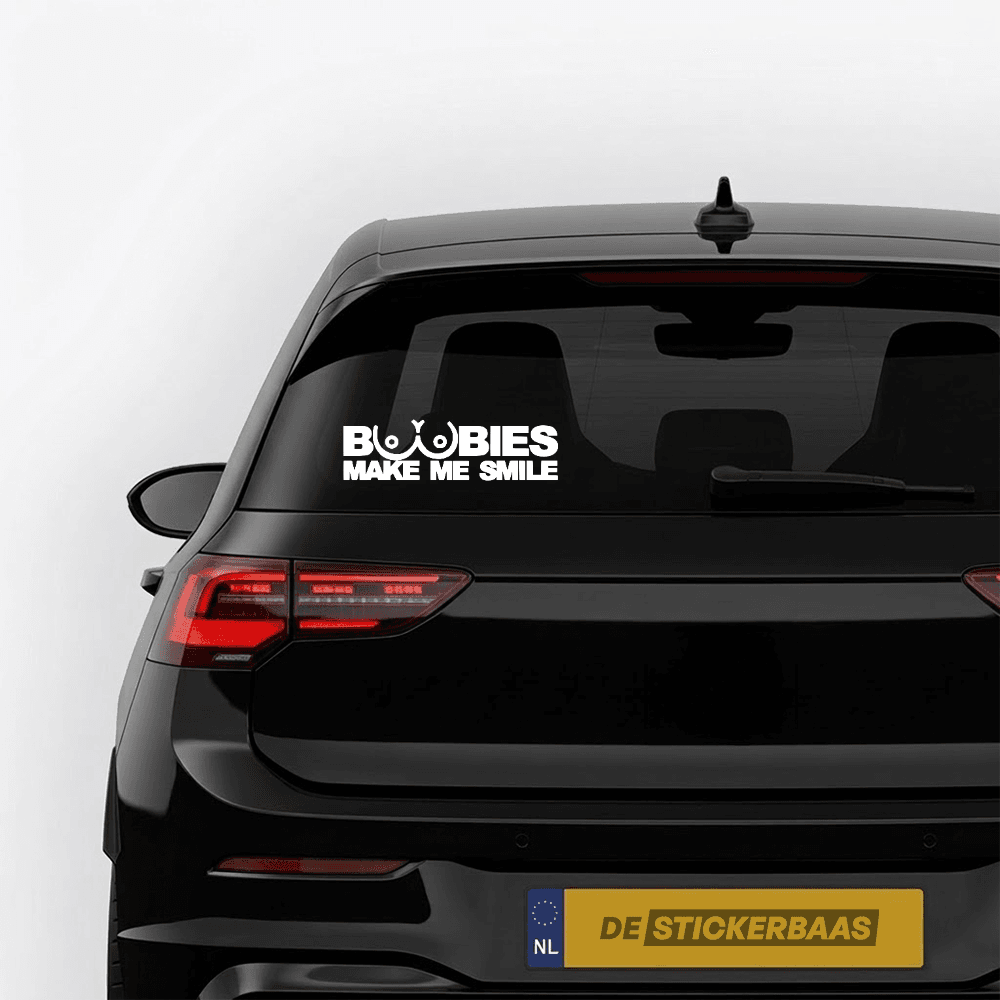 Boobies make me smile - Leuke & grappige autosticker - vinyl sticker op maat kopen bij De Stickerbaas (afbeelding 1 van 2)